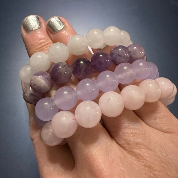Bundle of Polished Amethyst Quartz Stone Beaded Bracelets - Picture 4 of 7